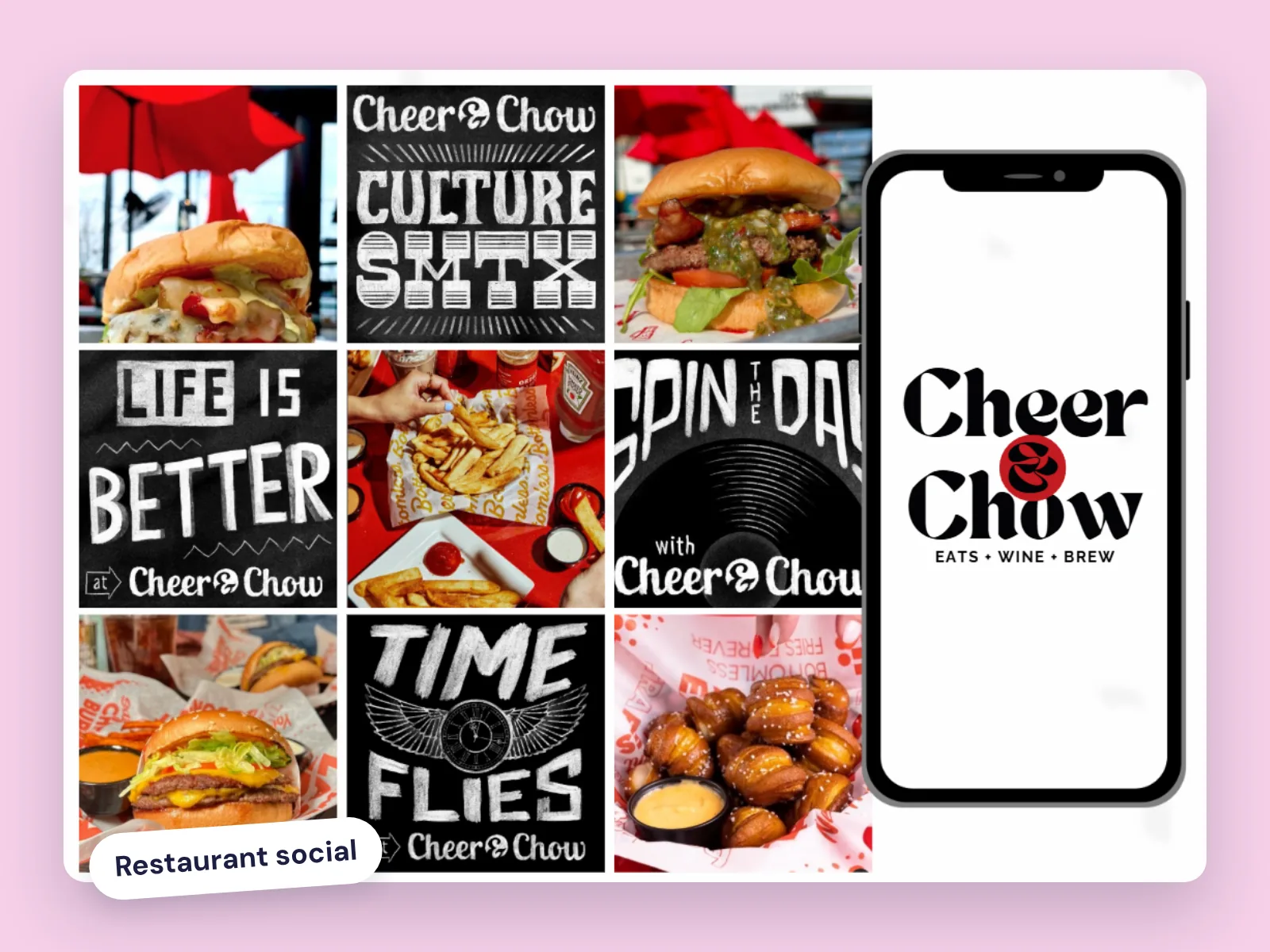 Cheer and Chow Instagram grid alternating chalkboard type posts with burger and fries photos