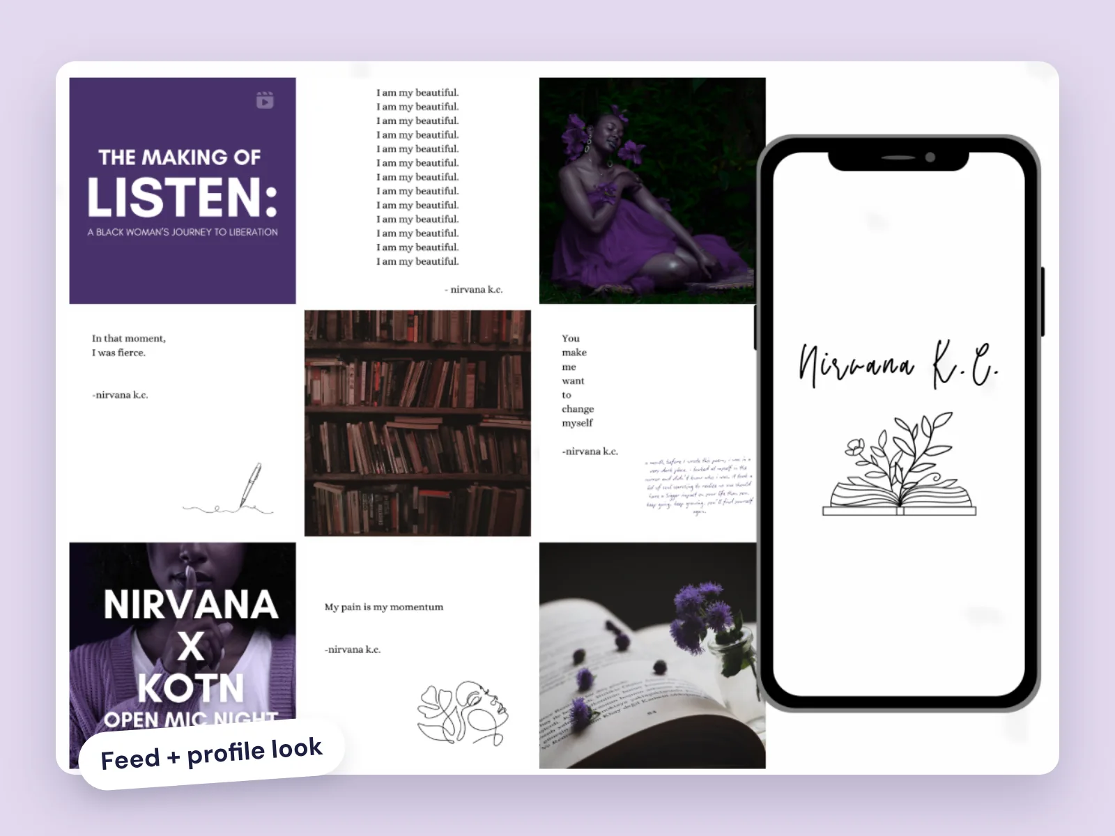 Instagram grid for poet Nirvana K.C.: purple quote cards, an open mic promo and a script logo on a phone