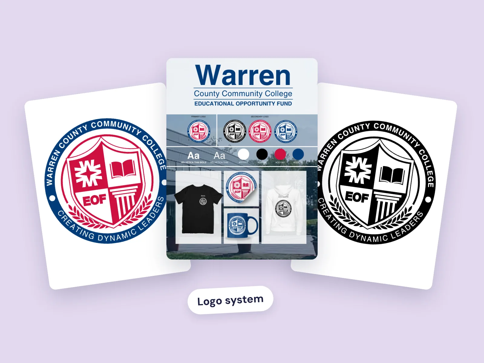 Warren County Community College EOF seal, brand sheet and tote bag